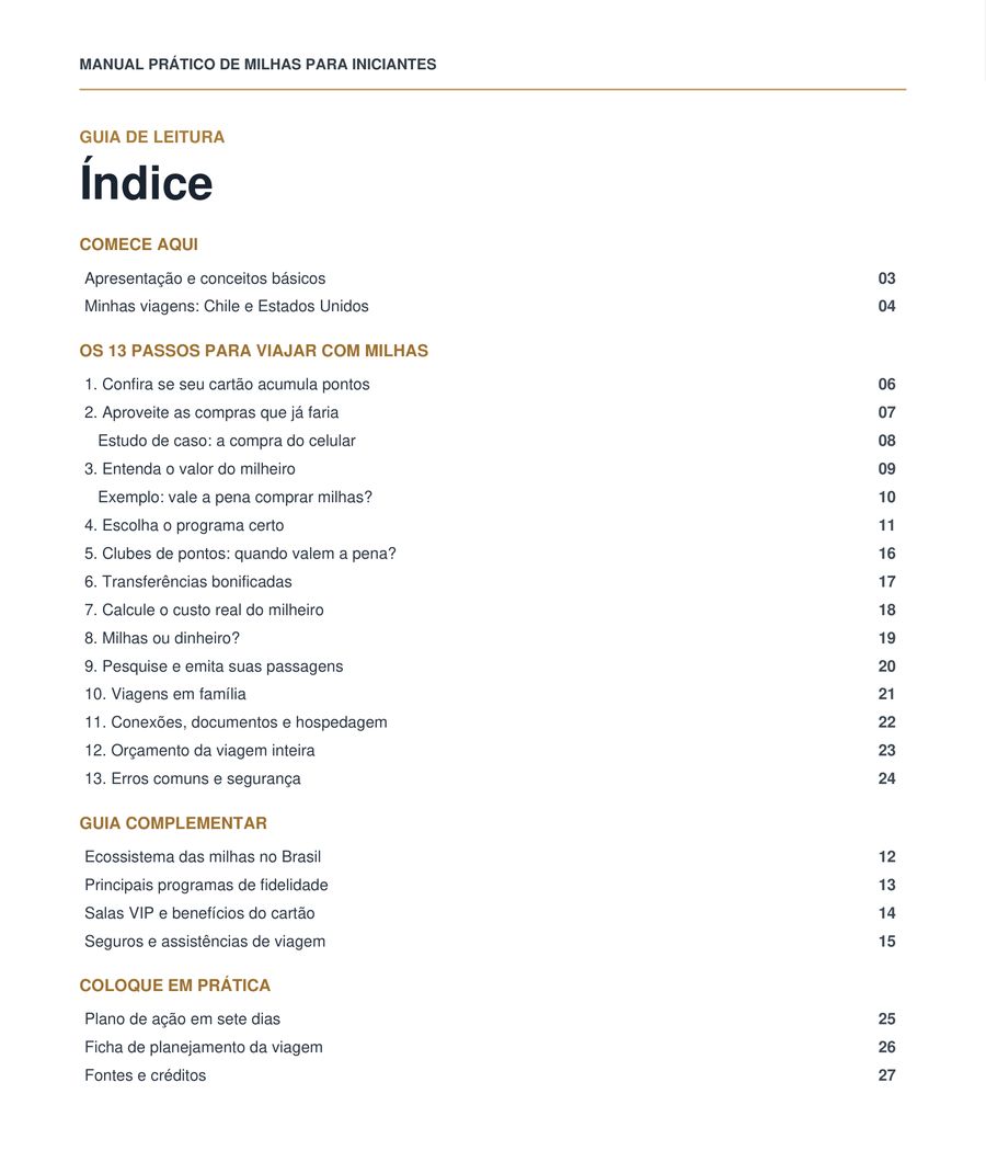 O índice: os 13 passos, do cartão à emissão, e o guia complementar.